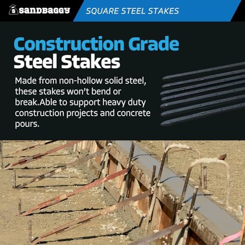 Sandbaggy 18" Square Steel Concrete Form Stakes with Nail Holes - 5/8" Wide - Rust Resistant - Removable/Reusable - Construction Grade Rebar Pins (Square Nail Stakes, 10, Count)