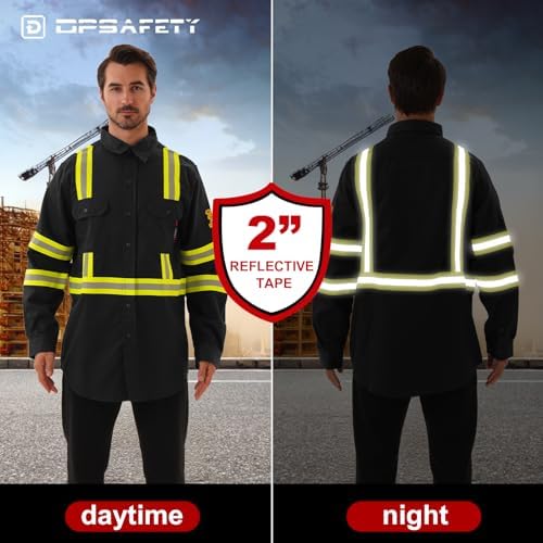 FR Shirts for Men 7oz Hi Vis Fire Resistant Shirts CAT2 Welding Shirt 100% Cotton High Visibility Flame Resistant Shirt Black(Medium)