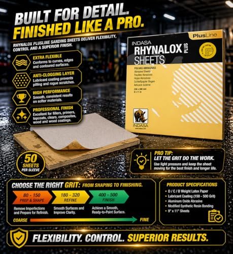 Indasa 50 PCS 9x11 Sandpaper Rhynalox Plusline - 220 Grit Dry Sanding Sheets, Professional-Grade Abrasive for Wood, Metal, Automotive, and Paint Finishing - Durable, Clog-Resistant Sand Paper