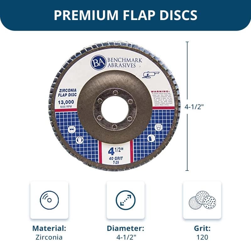 Benchmark Abrasives 4.5" x 7/8" Premium Zirconia T29 Angled Flap Discs 4 1/2 for Angle Grinder, Sanding Discs, Finishing, Rust, Stock Removal- Grinding Wheels 4 1/2 Inch (100 Pack) - 120 Grit