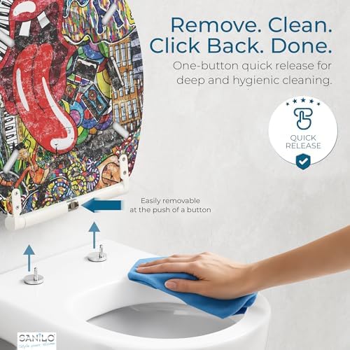 Sanilo Wooden Toilet Seat with Quick Release & Soft Close [ROUND] - Decorative & Slow Close Molded Wood Seat - With One Click for Easy Installation & Cleaning - With Adjustable Fit (Graffiti)