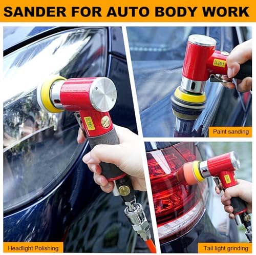 SI FANG 48Pcs 1'' 2'' 3'' Mini Air Sander Kit, High Speed Random Orbital DA Sander Polisher for Auto Body Work, Includes 1/2/3in Polishing Sponge & Wool Pads Sandpapers (Red Pneumatic Sander)