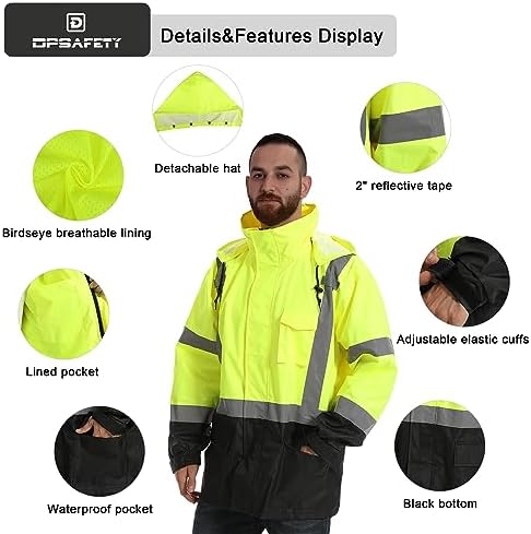 Reflective Rain jackets for men waterproof,Hi Vis Safety Coat With Reflective Strips，High Visibility Class 3 Rain jackets With 2 large pockets，Zipper,Black Bottom Lime,LG/XL
