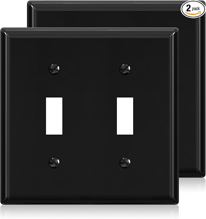 ELEGRP 2-Gang Toggle Switch Wall Plates, Standard Size 4.53" height x 4.57" length Unbreakable Thermoplastic Faceplate Cover for Toggle Dimmer Light Switches, UL Listed (2 Pack, Glossy Black)