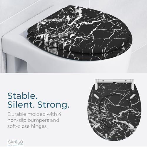 Sanilo Wooden Toilet Seat with Quick Release & Soft Close [ROUND] - Decorative & Slow Close Molded Wood Seat - With One Click for Easy Installation & Cleaning - With Adjustable Fit (Marble Black)