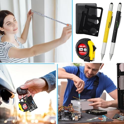 216 Pcs Mini Screwdriver Tape Keychain Set Multitool Pen Card Father's Gifts Bulk Mini Tool Set for Adult Men Dad (Yellow,Black)