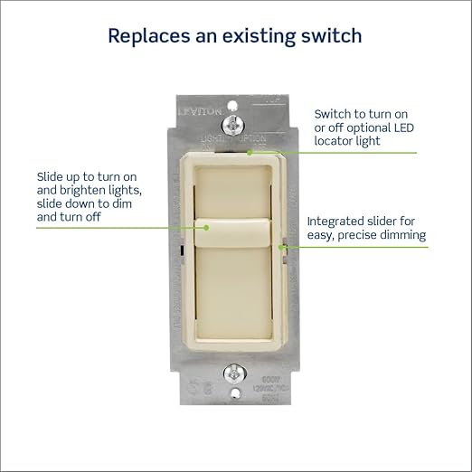 Leviton SureSlide Dimmer Switch for Dimmable LED, Halogen and Incandescent Bulbs, 6672-1LT, Light Almond