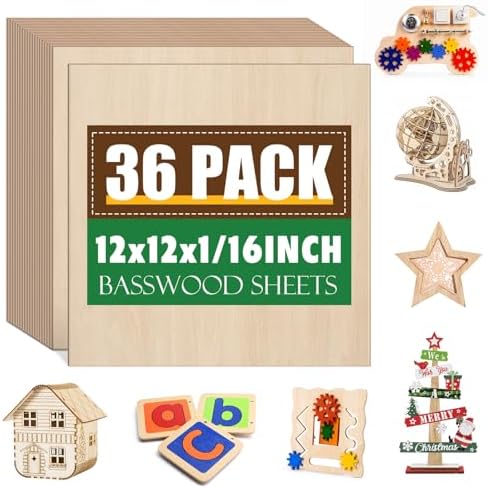 36 Pack Basswood Sheets 1/16x12X12Inch,Plywood Sheets for Crafts.Unfinished Wood Boards for Laser Cutting & Engraving,Burning,Balsa Wood Sheet for Painting.