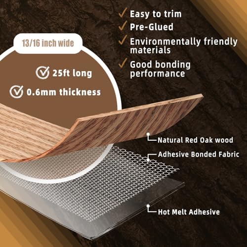 GSCIT Club Red Oak Edge Banding, 13/16 inch x 25ft roll of Veneer Edge Banding -Pre-glued Flexible, Real Wood Tape Banding for Cabinet Repair Furniture Restoration