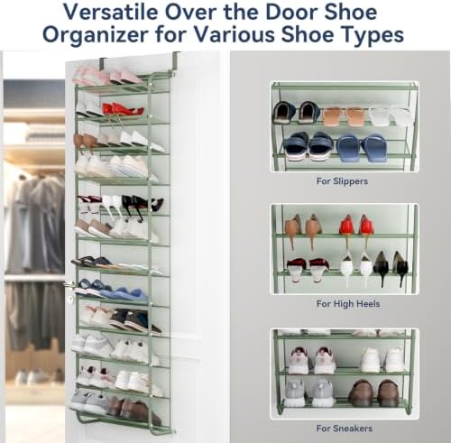 Whitmor 36 Pair Over the Door Shoe Rack,12 Tier Hanging Shoe Organizer with Metal Frame & Mesh shelves, Heavy Duty Shoe Storage Holder for Door,No Drill Installation, 74" H x 21.7" W x 7.5" D, Green