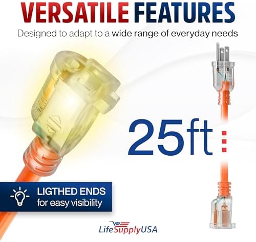 25ft Outdoor/Indoor Extension Cord 14/3 Gauge Heavy Duty 3 Prong SJTW (5-15P/5-15R), Waterproof, Flexible Cold-Resistant Long Power Cord,15A 125V 1875W, Orange by LifeSupplyUSA