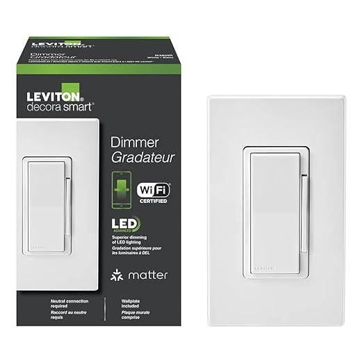 Leviton Decora Smart Dimmer Switch, Wi-Fi, Works with Matter, My Leviton, Alexa, Google Assistant, Apple Home/Siri & Wired or Wire-Free 3-Way, Neutral Wire Required, D36HD-1RW, White