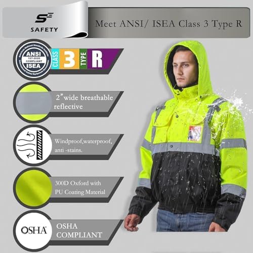 sesafety Reflective Jacket for Men, High Visibility Jackets, Safety Jackets for Men, Hi Vis Construction Bomber Jackets Waterproof with Pockets and Zipper, Black Bottom, Class 3 (Pack of 2)