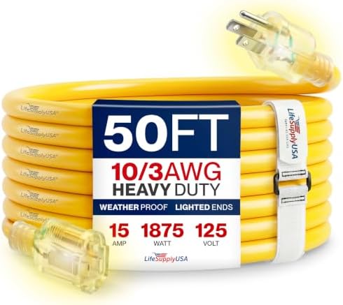50ft Outdoor/Indoor Extension Cord 10/3 Gauge Ultra Heavy Duty 3 Prong SJTW, Waterproof, Flexible Cold-Resistant Long Power Cord,15A 125V 1875W, Yellow by LifeSupplyUSA