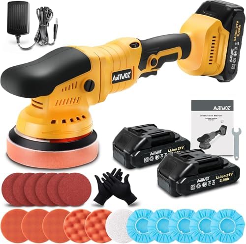 AUTIWOZ Cordless Car Buffer Polisher, 2x2000mAh 21V Batteries 5 Inch Random Orbital Polisher for Car Detailing, Waxing, Polishing, Scratch Removing, 6 Variable Speed Car Buffer Polishing Kit