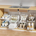 Delamu 2-Tier Multi-Purpose Bathroom Under Sink Organizers and Storage, Stackable Kitchen Pantry Organization, Pull Out Medicine Cabinet Organizer with Movable Dividers, White, 4Pack