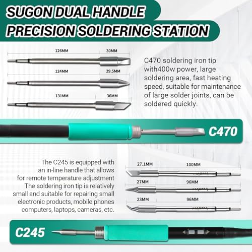 SUGON T61 400W Digital Soldering Iron Station, with C470 & C245 Handles and 6 Soldering Tips, 212°F-932°F, 2S Fast Heat, Sleep Mode, 3 Preset Channels, °C/°F, Tip Change Slots, Cleaning Sponge, LCD