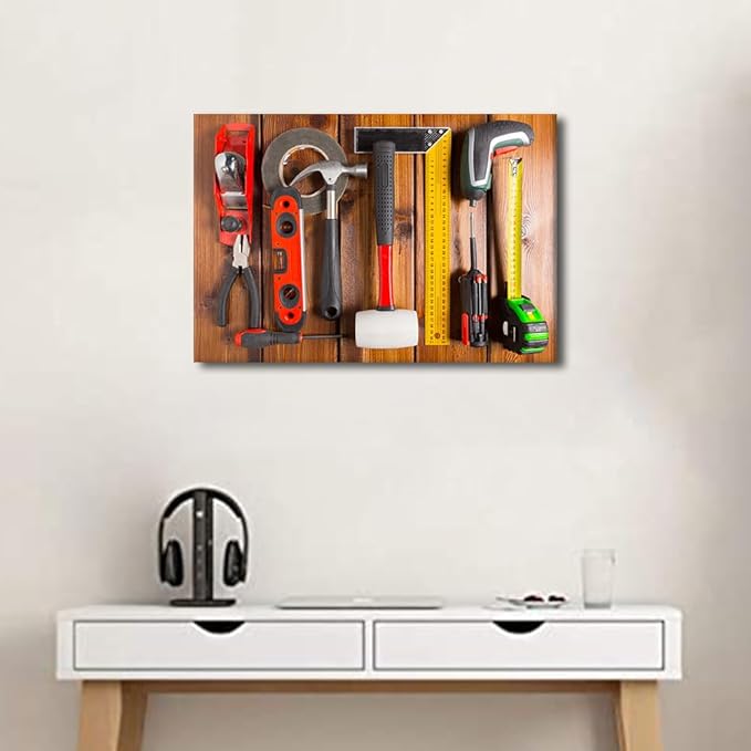 Blue Background House Renovation Tools and Accessories Top View Picture 1 Panels Canvas Wall Art Tape Measure and Hammer Poster Framed Artwork for Home Living Room Bedroom Wall Decor (12" Wx18 H)