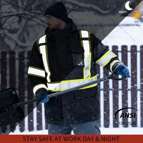 FATONE Hi Vis Rain Jacket for Men Lightweight Reflective Safety Rain Gear Waterproof with Hood, Class 3 Work Raincoat ANSI/ISEA Tested Black S/M