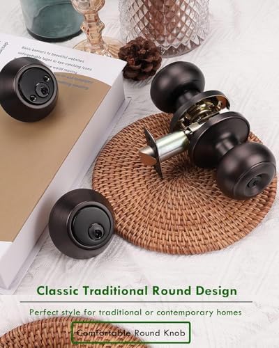1 Pack Keyed Alike Door Knob with Double Cylinder Deadbolt Lock Set, Oil Rubbed Bronze Door Lock Sets Exterior, Round Style Door Knob Deadbolt Combination Set