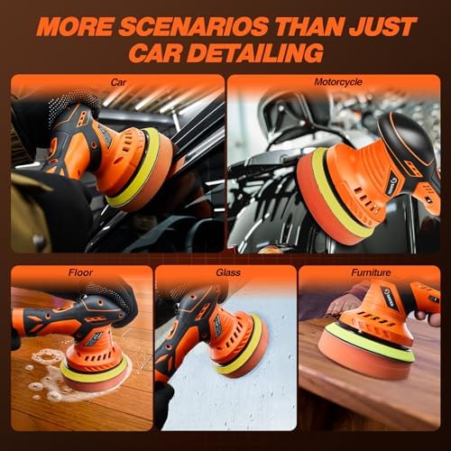 Saker Cordless Buffer Polisher, 6 Inch Fast Charging Portable Car Polishing Kit with 2PCS 12V 2000mAh Batteries, Polisher for Car Detailing Polishing Waxing (Orange, Buffer Polisher+2 Batteries+1 Bag)
