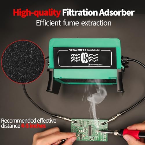 YIHUA 948DQ-I Solder Fume Extractor Fan Solder Smoke Absorber Remover Tiltable Angle with Flexible Helping Hands 8 Extra Fan Filters for Soldering Wood Burning and more