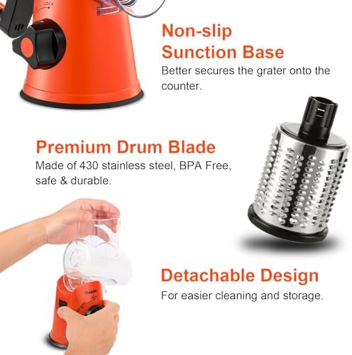 Geedel Rotary Cheese Grater, Kitchen Mandoline Vegetable Slicer with 3 Interchangeable Blades, Easy to Clean Rotary Grater Slicer for Fruit, Vegetables, Nuts