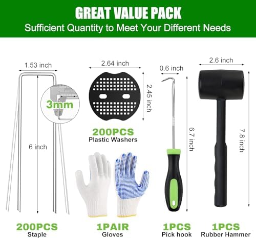 Turf Nails Set,6Inch 200pcs Galvanized Garden Staples + 200pcs Gaskets + Pick Hook + Rubber Hammer + Gloves,Anti-Rust,U-Shaped Yard Spikes,Landscaping Fabric Pins for Ground Weed Barrier,Grass Cover