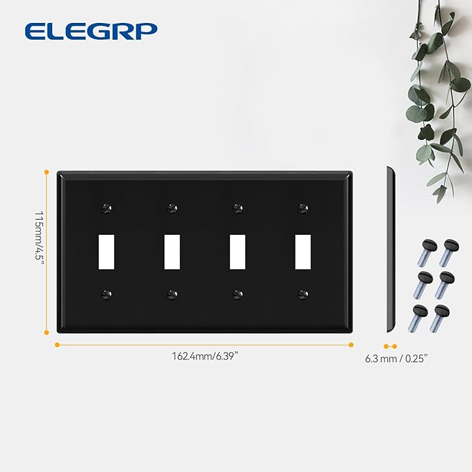 ELEGRP Toggle Light Switch Wall Plate, 4-Gang Standard Size Switch Covers, Unbreakable Polycarbonate Replacement Faceplates Covers, UL Listed, Color-matched Screws Included (1 Pack, Glossy Black)