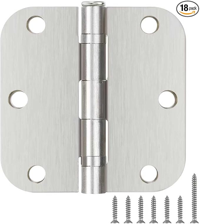 18 Pack Brushed Nickel Door Hardware Hinges 3.5 Inch X 3-1/2" Lasting Mute No Squeak Rounded Integral Ball Bearing Door Hinges for Exterior/Interior Doors Study Bed Room Indoor Construction Project
