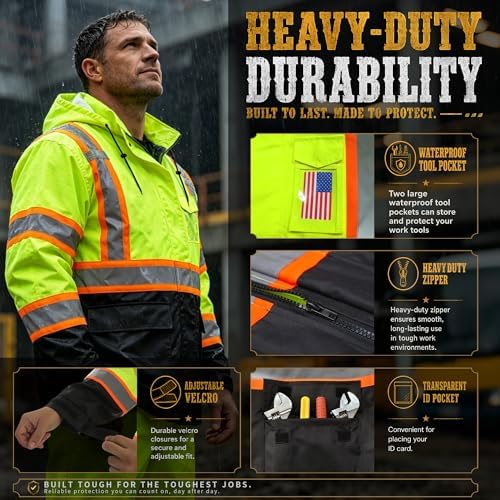 Rain Suits for Men Waterproof Reflective High Visibility Rain Gear Mens Heavy Duty, Hi Vis Rain Jacket & Pants with Black Bottom Class 3 ANSI/ISEA Compliant, Yellow Black S/M