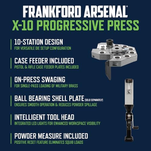Frankford Arsenal X-10 Progressive Press with 10 Stations, Case Feeder, Automatic Rotating Shell Plate and Powder Measure, For Reloading and Gunsmithing
