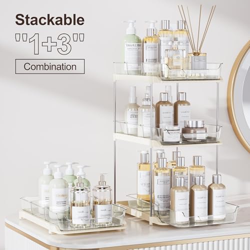 Delamu 2-Tier Multi-Purpose Bathroom Under Sink Organizers and Storage, Stackable Kitchen Pantry Organization, Pull Out Medicine Cabinet Organizer with Movable Dividers, Beige, 4 Pack