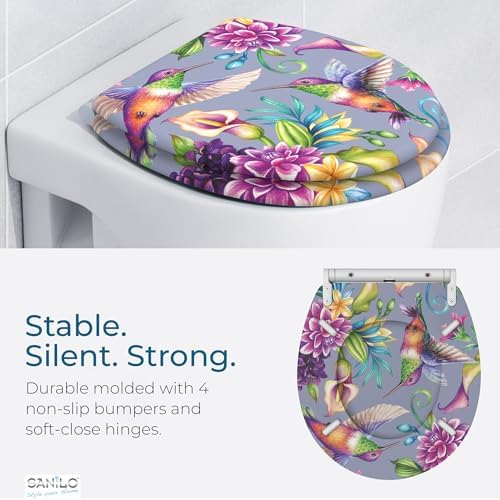 Sanilo Wooden Toilet Seat with Quick Release & Soft Close [ROUND] - Decorative & Slow Close Molded Wood Seat - With One Click for Easy Installation & Cleaning - With Adjustable Fit (Hummingbird)