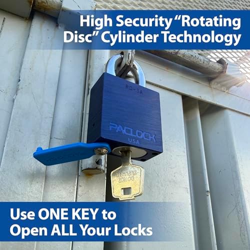 PACLOCK's 3-Series Padlock, High Security Rotating Disc, 3/8" Diameter Hard. Stainless Steel Shackle, 2-1/2" Tall, Exclusive Key Number, Keyed Differently w/ 1 Key, Blue