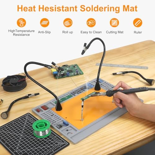 NOEVSBIG Magnetic Helping Hands Soldering Station with Large Base, Heat-Resistant Mat, 6 Flexible Arms, Cutting Mat & Ruler – Versatile Helping Hands Tool for DIY, Electronics Repair, and Crafting