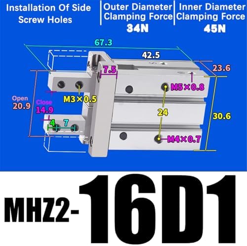 1pcs MHZ2-10/16/25/32/40D1/D2/D3 Pneumatic Finger Cylinder Parallel Gripper Side Thread Aluminium Clamps(MHZ2-16D1)