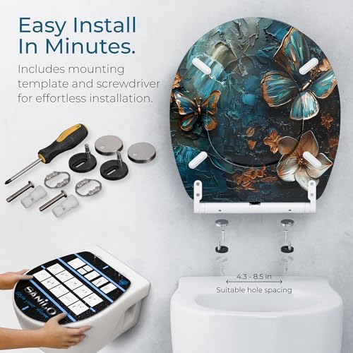 Sanilo Wooden Toilet Seat with Quick Release & Soft Close [ROUND] - Decorative & Slow Close Molded Wood Seat - With One Click for Easy Installation & Cleaning - With Adjustable Fit (Mariposa)