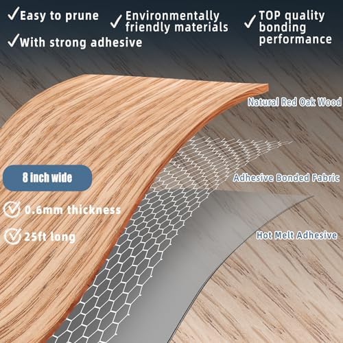 GSCIT Club Red Oak Wood Veneer, 8 inch x 25ft Wood Edge Banding Pre-glued Flexible, 7.87 inch Veneer Tape Banding for Cabinet Repair Furniture Restoration