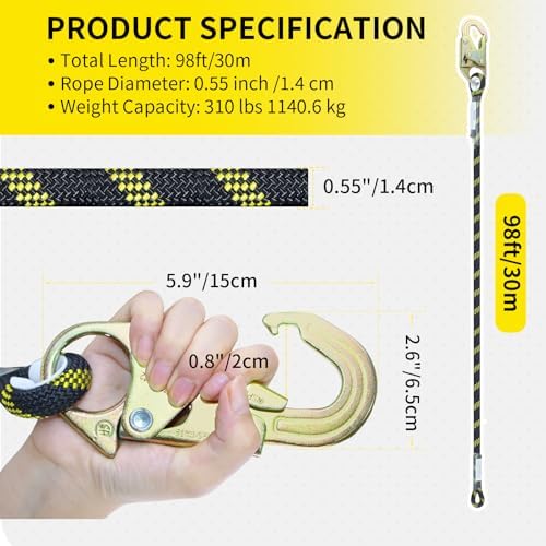 100FT Rope Harness Safety Lanyard, Roofing Fall Protection Rope