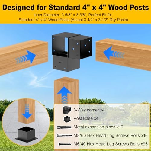 8PCS 4x4 Post Bracket, 4x4 Brackets for pergola kit, Deer Stand, Outdoor Platform, Play Sets, Tree House, Pergola Brackets 3-Way Right Angle Corner Bracket Woodworks DIY Post Base Kit