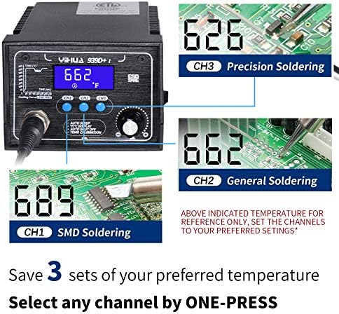 YIHUA 939D+ I Soldering Station, Upgraded, 75 Watt Equivalent with 3 Memories, °C/°F LCD display, Sleep Function, Automatic Shutdown & Brushed Aluminum Panel(Iron-burn Resistant)