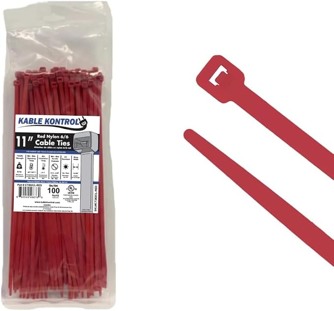 Kable Kontrol Red Zip Ties 11 Inch 100 Pcs, 50 Lbs Tensile Strength, Self-locking Nylon Colored Cable Ties Wire Wraps for Indoor or Outdoor Use