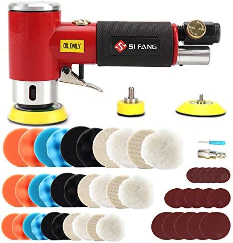 SI FANG 48Pcs 1'' 2'' 3'' Mini Air Sander Kit, High Speed Random Orbital DA Sander Polisher for Auto Body Work, Includes 1/2/3in Polishing Sponge & Wool Pads Sandpapers (Red Pneumatic Sander)
