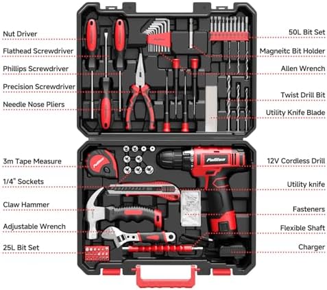 PULITUO 149-Piece Home Drill Set with Red 12V Cordless Drill, Hand Tools & Tool Box, Tool Kit for Women & Men and DIY Enthusiasts, for Home Improvement