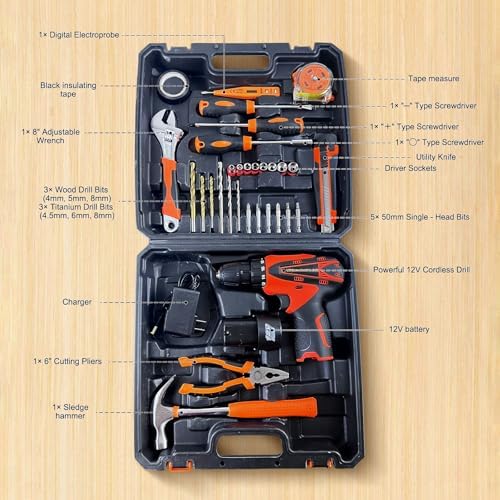 33 Picce Orange Tool Kit with 12V Cordless Drill, Tool Box with Drill, Hand Drill Set for Men Women, Home Tool Kits for House Repair, Handyman, DIY