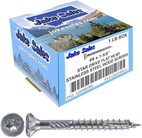 Jake Sales #9 x 1-5/8" Silver Star Stainless Steel Wood Screw Torx/Star Drive Head - Grade 300 Series Stainless Steel Torx/Star Drive Wood Screws - CASE Qty 42 Boxes 6,888 Screws