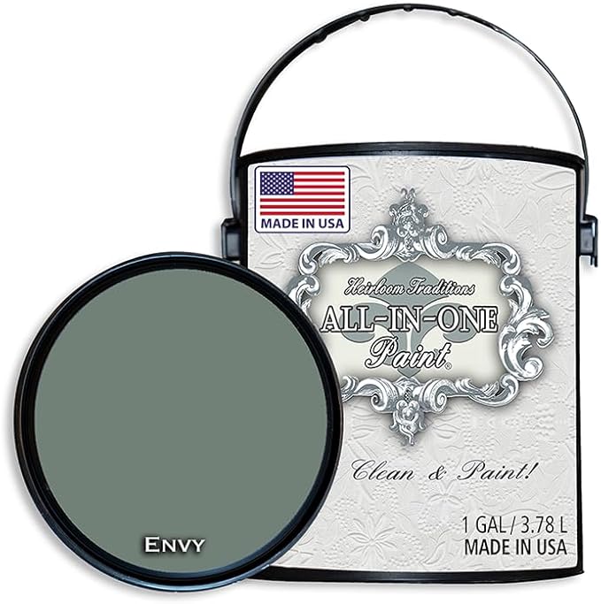 ALL-IN-ONE Paint by Heirloom Traditions, Envy (Slate Green), Gallon - Durable cabinet and furniture paint. Built in primer and top coat, no sanding needed. Includes our 30 featured color card.