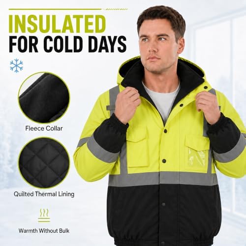 SKSAFETY Hi Vis Safety Bomber Jacket for Men, High Visibility Winter Coat