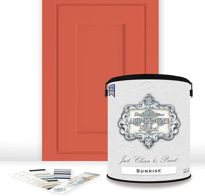 ALL-IN-ONE Paint by Heirloom Traditions, Sunrise (Orange Coral), Gallon - Durable cabinet and furniture paint. Built in primer and top coat, no sanding needed. Includes our 30 featured color card.